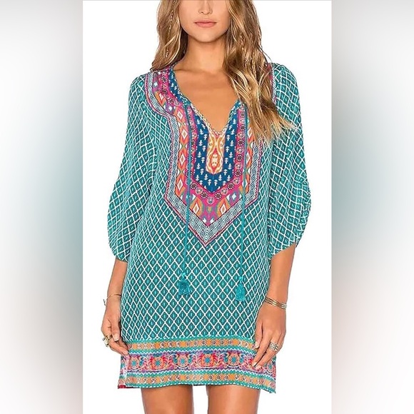 Urban Coco Dresses & Skirts - Urban CoCo Bohemian Neck Tie Vintage Printed Ethnic Style Shift Dress Small
